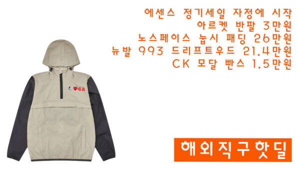 해외직구 세일 모음 - 에센스 정기세일 자정에 시작, 아르켓 반팔 3만원, 노스페이스 눕시 패딩 26만원, 뉴발 993 드리프트우드 21.4만원, CK 모달 빤스 1.5만원
