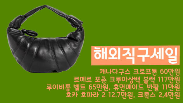 해외직구 세일 모음 - 캐나다구스 크로프톤 60만원, 르메르 포춘 크루아상백 블랙 117만원, 루이비통 벨트 65만원, 휴먼메이드 반팔 11만원, 호카 호파라 2 12.7만원, 크록스 2,4만원