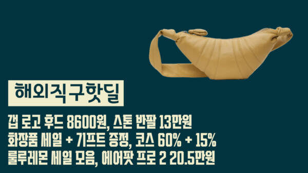 해외직구핫딜 - 갭 로고 후드 8600원, 스톤 반팔 13만원, 화장품 세일 + 기프트 증정, 코스 60% + 15%, 룰루레몬 세일 모음, 에어팟 프로 2 20.5만원