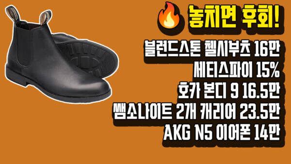 🔥 놓치면 후회! 블런드스톤 첼시부츠 16만, 세티스파이 15%, 호카 본디 9 16.5만, 쌤소나이트 2개 캐리어 23.5만, AKG N5 이어폰 14만